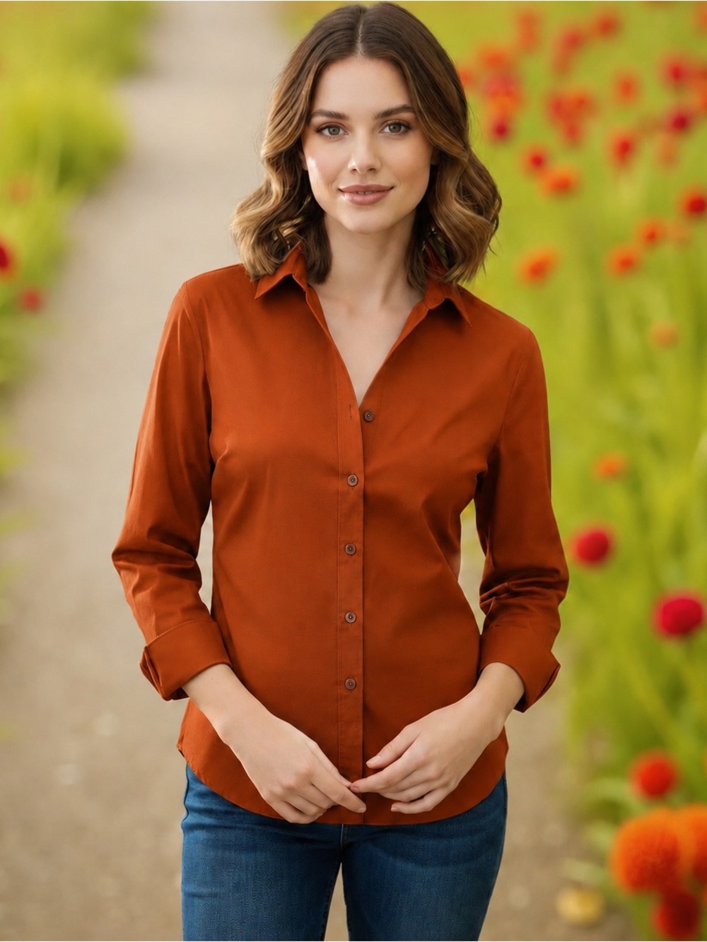 CHICOS No Iron Chic Stretch shirt button down rust orange size 4 Small size 0